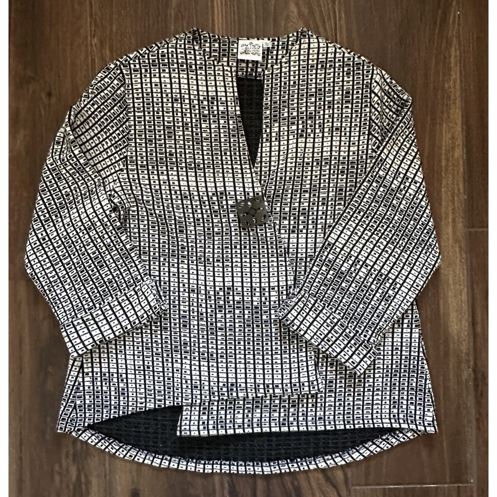 Parsley & Sage Womens Artsy Black White Geometric Knit Cardigan Button Jacket LG